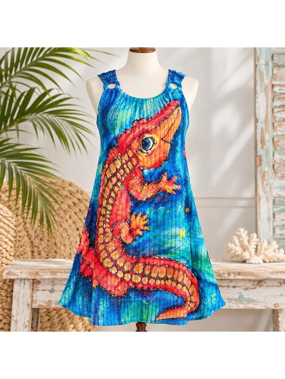 Leoma Lovegrove Alligator Dress Beach Cover Resort Florida Art Sleeveless Sz M